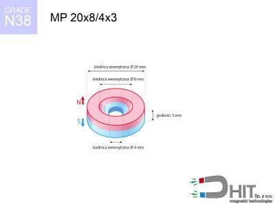 magnes neodymowy pierścieniowy MP 20x8/4x3 N38  MP 20x8/4x3 N38 magnes neodymowy pierścieniowy