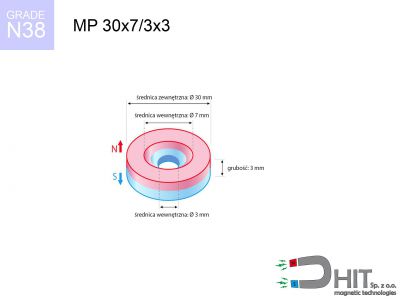 magnes neodymowy pierścieniowy MP 30x7/3x3 N38  MP 30x7/3x3 N38 magnes neodymowy pierścieniowy