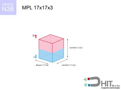 magnes neodymowy płytkowy MPL 17x17x3 N38  MPL 17x17x3 N38 magnes neodymowy płytkowy