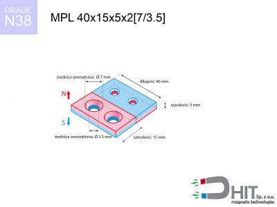 MPL 40x15x5x2[7/3.5] N38 magnes neodymowy płytkowy
