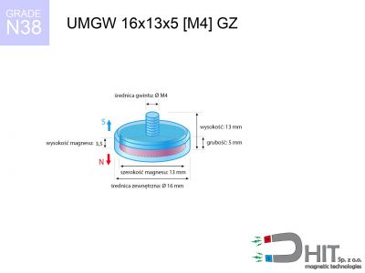 UMGZ 16x13x5 [M4] GZ N38 uchwyt magnetyczny gwint zewnętrzny